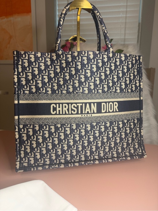 Dior Handbags - Christian Dior Book Tote Medium Navy Blue Dior Oblique Embroidery Canvas Handbag